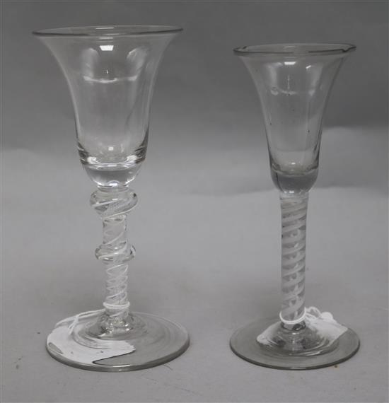 A double series opaque twist wine glass, c.1760, bell bowl and a double knopped opaque twist stem wine glass, c.1760